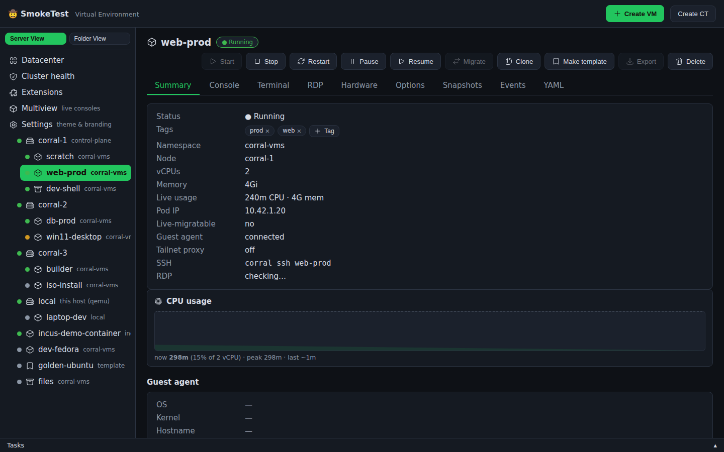 VM summary with lifecycle controls