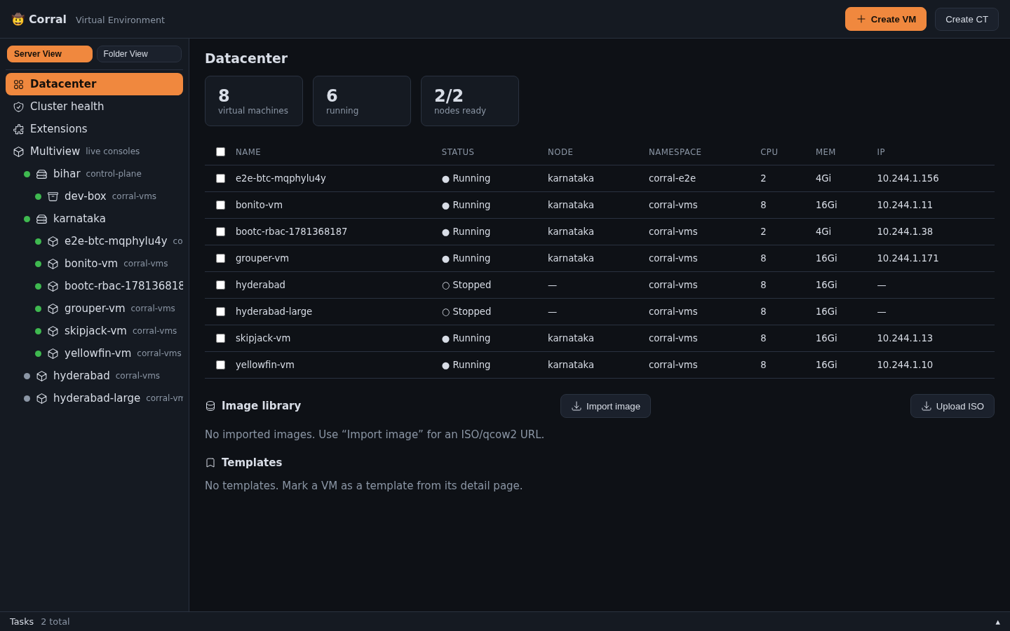 Corral web dashboard — datacenter view with VMs and a Container (CT) in the Server View tree