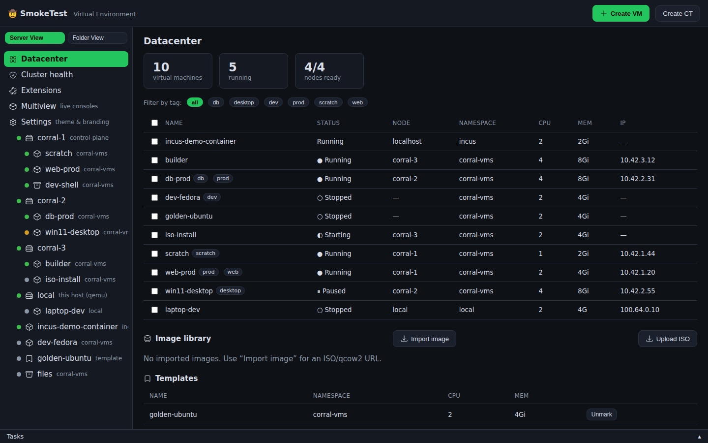 Corral multi-backend web dashboard showing the unified demo fleet